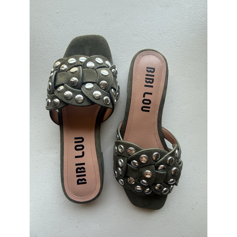 Bibi Lou Anthropologie Studded Woven Leather Slide Sandals Olive Green EU 37
